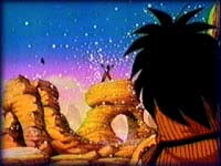 Image: Goku collects energy for a Genki Dama as Yajirobe looks on