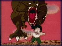 Image: Gohan runs from a dinosaur
