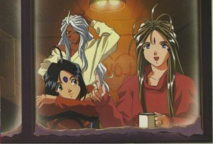 Belldandy, Urd, and Skuld in a cafe.