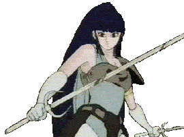 Kayura, standing with swords ready.