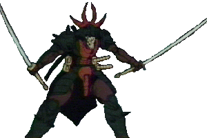 Sekhmet, standing with swords ready.