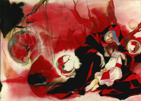 Miyu and Larva asleep against a reddish background