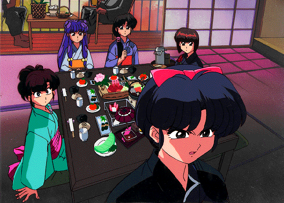 Cel Picture of Tendou sisters, Shampoo, and Ukyou sitting around a table having lunch