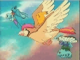 Pikachu on Pidgeon's back, Butterfree carrying Fushigidane/Bulbasaur, and Zubat carrying Zenigame/Squirtle